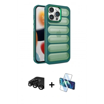 MARSİLYAN™- iPhone 15 Pro Max Kılıf Yadigar Doku Özel Seri - Siyah 3D Antistatik Seramik Nano Ekran Koruyucu + Raze Metal Kamera Lens - SH