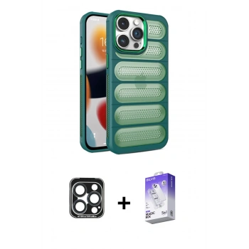 MARSİLYAN™- iPhone 15 Pro Max Kılıf Yadigar Doku Özel Seri - Siyah Bilvis 5in1 3D Magic Cam Ekran Koruyucu + PVD Metal Kamera Lens - LT