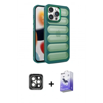 MARSİLYAN™- iPhone 15 Pro Max Kılıf Yadigar Doku Özel Seri - Siyah Bilvis 5in1 5D Magic Hayalet Cam Ekran Koruyucu + PVD Metal Kamera Lens - GI