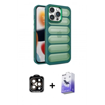 MARSİLYAN™- iPhone 15 Pro Max Kılıf Yadigar Doku Özel Seri - Siyah Bilvis 5in1 5D Magic Hayalet Cam Ekran Koruyucu + PVD Metal Kamera Lens - TU