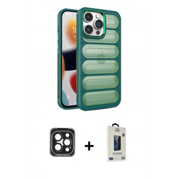 MARSİLYAN™- iPhone 15 Pro Max Kılıf Yadigar Doku Özel Seri - Siyah Bilvis Hayalet Cam Ekran Koruyucu + PVD Metal Kamera Lens - SH