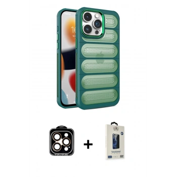 MARSİLYAN™- iPhone 15 Pro Max Kılıf Yadigar Doku Özel Seri - Siyah Bilvis Hayalet Cam Ekran Koruyucu + PVD Metal Kamera Lens - TU