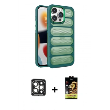 MARSİLYAN™- iPhone 15 Pro Max Kılıf Yadigar Doku Özel Seri - Siyah Buffer Cam Ekran Koruyucu + PVD Metal Kamera Lens - GI