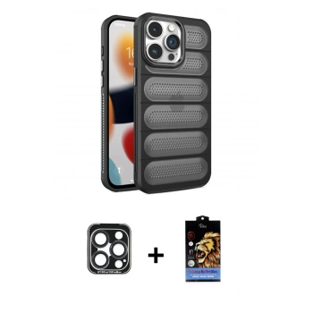 MARSİLYAN™- iPhone 15 Pro Max Kılıf Yadigar Doku Özel Seri - Siyah Buffer Hayalet Cam Ekran Koruyucu + PVD Metal Kamera Lens - LT