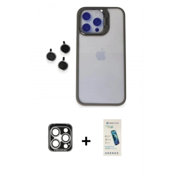 MARSİLYAN™- iPhone 15 Pro Max Kılıf Yankı Asil Serisi - Şeffaf Pasifik Cam Ekran Koruyucu + PVD Metal Kamera Lens - GS