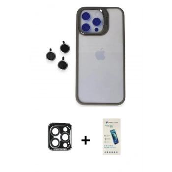 MARSİLYAN™- iPhone 15 Pro Max Kılıf Yankı Asil Serisi - Şeffaf Pasifik Cam Ekran Koruyucu + PVD Metal Kamera Lens - LT