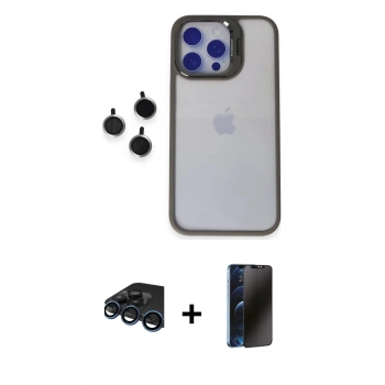 MARSİLYAN™- iPhone 15 Pro Max Kılıf Yankı Asil Serisi - Siyah 3D Antistatik Hayalet Cam Ekran Koruyucu + Raze Metal Kamera Lens - LT