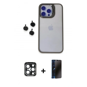 MARSİLYAN™- iPhone 15 Pro Max Kılıf Yankı Asil Serisi - Siyah 3D Antistatik Hayalet Cam Ekran Koruyucu + PVD Metal Kamera Lens - LT
