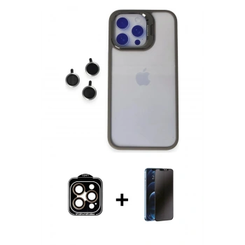 MARSİLYAN™- iPhone 15 Pro Max Kılıf Yankı Asil Serisi - Siyah 3D Antistatik Hayalet Cam Ekran Koruyucu + PVD Metal Kamera Lens - TU