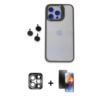 MARSİLYAN™- iPhone 15 Pro Max Kılıf Yankı Asil Serisi - Siyah 3D Antistatik Mat Seramik Nano Ekran Koruyucu + PVD Metal Kamera Lens - GS