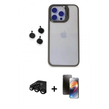 MARSİLYAN™- iPhone 15 Pro Max Kılıf Yankı Asil Serisi - Siyah 3D Antistatik Mat Seramik Nano Ekran Koruyucu + Raze Metal Kamera Lens - SH