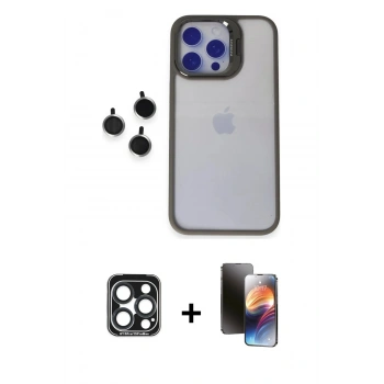 MARSİLYAN™- iPhone 15 Pro Max Kılıf Yankı Asil Serisi - Siyah 3D Antistatik Mat Seramik Nano Ekran Koruyucu + PVD Metal Kamera Lens - LT