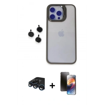 MARSİLYAN™- iPhone 15 Pro Max Kılıf Yankı Asil Serisi - Siyah 3D Antistatik Mat Seramik Nano Ekran Koruyucu + Raze Metal Kamera Lens - LT