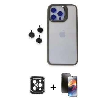 MARSİLYAN™- iPhone 15 Pro Max Kılıf Yankı Asil Serisi - Siyah 3D Antistatik Mat Seramik Nano Ekran Koruyucu + PVD Metal Kamera Lens - SH
