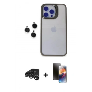 MARSİLYAN™- iPhone 15 Pro Max Kılıf Yankı Asil Serisi - Siyah 3D Antistatik Mat Seramik Nano Ekran Koruyucu + Raze Metal Kamera Lens - TMGI