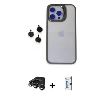 MARSİLYAN™- iPhone 15 Pro Max Kılıf Yankı Asil Serisi - Siyah Bilvis 0.18mm Plus Cam Ekran Koruyucu + Raze Metal Kamera Lens - GS