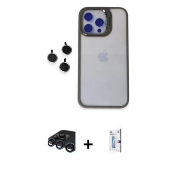 MARSİLYAN™- iPhone 15 Pro Max Kılıf Yankı Asil Serisi - Siyah Bilvis 0.18mm Plus Cam Ekran Koruyucu + Raze Metal Kamera Lens - LT