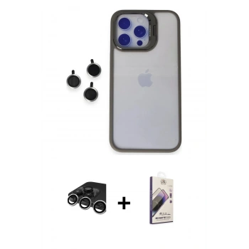 MARSİLYAN™- iPhone 15 Pro Max Kılıf Yankı Asil Serisi - Siyah Bilvis 3D Mat Cam Ekran Koruyucu + Raze Metal Kamera Lens - GS