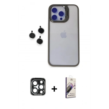 MARSİLYAN™- iPhone 15 Pro Max Kılıf Yankı Asil Serisi - Siyah Bilvis 3D Mat Cam Ekran Koruyucu + PVD Metal Kamera Lens - LT