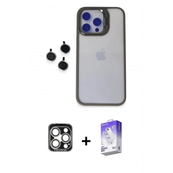 MARSİLYAN™- iPhone 15 Pro Max Kılıf Yankı Asil Serisi - Siyah Bilvis 5in1 3D Magic Cam Ekran Koruyucu + PVD Metal Kamera Lens - GS
