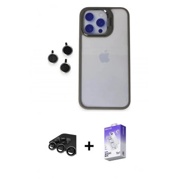 MARSİLYAN™- iPhone 15 Pro Max Kılıf Yankı Asil Serisi - Siyah Bilvis 5in1 3D Magic Cam Ekran Koruyucu + Raze Metal Kamera Lens - TMGI