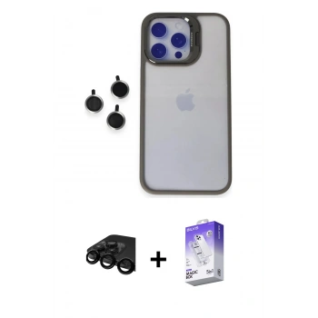 MARSİLYAN™- iPhone 15 Pro Max Kılıf Yankı Asil Serisi - Siyah Bilvis 5in1 3D Magic Cam Ekran Koruyucu + Raze Metal Kamera Lens - SH