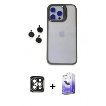 MARSİLYAN™- iPhone 15 Pro Max Kılıf Yankı Asil Serisi - Siyah Bilvis 5in1 5D Magic Hayalet Cam Ekran Koruyucu + PVD Metal Kamera Lens - GI