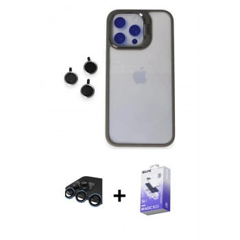 MARSİLYAN™- iPhone 15 Pro Max Kılıf Yankı Asil Serisi - Siyah Bilvis 5in1 5D Magic Hayalet Cam Ekran Koruyucu + Raze Metal Kamera Lens - LT