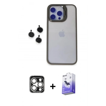 MARSİLYAN™- iPhone 15 Pro Max Kılıf Yankı Asil Serisi - Siyah Bilvis 5in1 5D Magic Hayalet Cam Ekran Koruyucu + PVD Metal Kamera Lens - GS