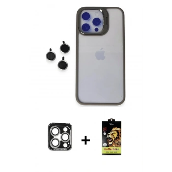 MARSİLYAN™- iPhone 15 Pro Max Kılıf Yankı Asil Serisi - Siyah Buffer Cam Ekran Koruyucu + PVD Metal Kamera Lens - GS