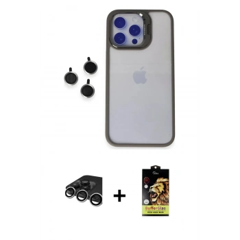 MARSİLYAN™- iPhone 15 Pro Max Kılıf Yankı Asil Serisi - Siyah Buffer Cam Ekran Koruyucu + Raze Metal Kamera Lens - GS