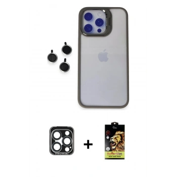 MARSİLYAN™- iPhone 15 Pro Max Kılıf Yankı Asil Serisi - Siyah Buffer Cam Ekran Koruyucu + PVD Metal Kamera Lens - LT