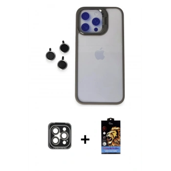 MARSİLYAN™- iPhone 15 Pro Max Kılıf Yankı Asil Serisi - Siyah Buffer Hayalet Cam Ekran Koruyucu + PVD Metal Kamera Lens - GI