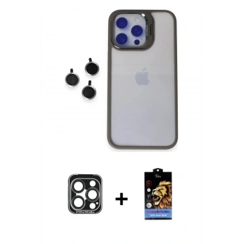 MARSİLYAN™- iPhone 15 Pro Max Kılıf Yankı Asil Serisi - Siyah Buffer Hayalet Cam Ekran Koruyucu + PVD Metal Kamera Lens - LT