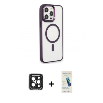 MARSİLYAN™- iPhone 15 Pro Max Kılıf Yankı Işık Özel Seri - Şeffaf Pasifik Cam Ekran Koruyucu + PVD Metal Kamera Lens - SH