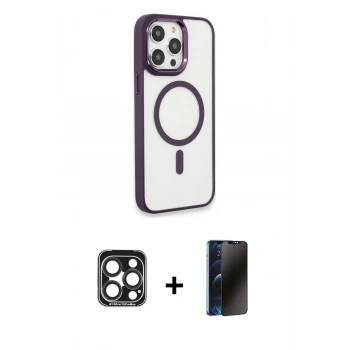 MARSİLYAN™- iPhone 15 Pro Max Kılıf Yankı Işık Özel Seri - Siyah 3D Antistatik Hayalet Cam Ekran Koruyucu + PVD Metal Kamera Lens - LT