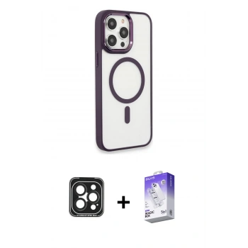 MARSİLYAN™- iPhone 15 Pro Max Kılıf Yankı Işık Özel Seri - Siyah Bilvis 5in1 3D Magic Cam Ekran Koruyucu + PVD Metal Kamera Lens - SH