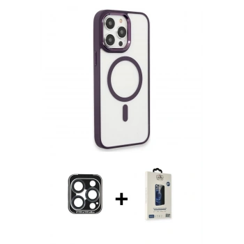 MARSİLYAN™- iPhone 15 Pro Max Kılıf Yankı Işık Özel Seri - Siyah Bilvis Hayalet Cam Ekran Koruyucu + PVD Metal Kamera Lens - LT