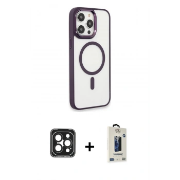 MARSİLYAN™- iPhone 15 Pro Max Kılıf Yankı Işık Özel Seri - Siyah Bilvis Hayalet Cam Ekran Koruyucu + PVD Metal Kamera Lens - SH