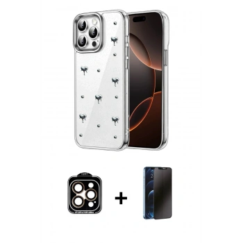 MARSİLYAN™- iPhone 15 Pro Max Kılıf Yörünge Form - Siyah 3D Antistatik Hayalet Cam Ekran Koruyucu + PVD Metal Kamera Lens - TU