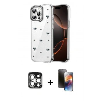 MARSİLYAN™- iPhone 15 Pro Max Kılıf Yörünge Form - Siyah 3D Antistatik Mat Seramik Nano Ekran Koruyucu + PVD Metal Kamera Lens - GS