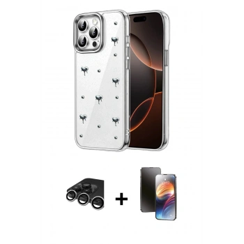 MARSİLYAN™- iPhone 15 Pro Max Kılıf Yörünge Form - Siyah 3D Antistatik Mat Seramik Nano Ekran Koruyucu + Raze Metal Kamera Lens - GS