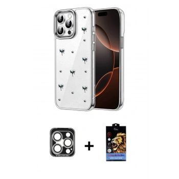MARSİLYAN™- iPhone 15 Pro Max Kılıf Yörünge Form - Siyah Buffer Hayalet Cam Ekran Koruyucu + PVD Metal Kamera Lens - GS