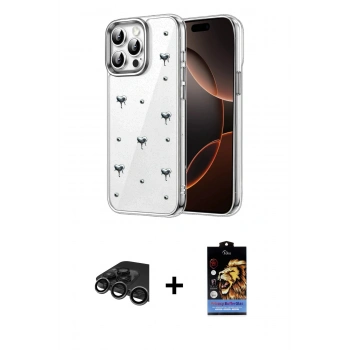 MARSİLYAN™- iPhone 15 Pro Max Kılıf Yörünge Form - Siyah Buffer Hayalet Cam Ekran Koruyucu + Raze Metal Kamera Lens - TMGI