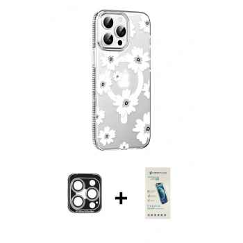 MARSİLYAN™- iPhone 15 Pro Max Kılıf Yörünge Işık Prime - Şeffaf Pasifik Cam Ekran Koruyucu + PVD Metal Kamera Lens - GS