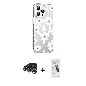 MARSİLYAN™- iPhone 15 Pro Max Kılıf Yörünge Işık Prime - Şeffaf Pasifik Cam Ekran Koruyucu + Raze Metal Kamera Lens - GS