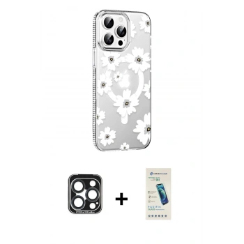 MARSİLYAN™- iPhone 15 Pro Max Kılıf Yörünge Işık Prime - Şeffaf Pasifik Cam Ekran Koruyucu + PVD Metal Kamera Lens - LT