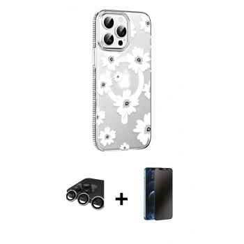 MARSİLYAN™- iPhone 15 Pro Max Kılıf Yörünge Işık Prime - Siyah 3D Antistatik Hayalet Cam Ekran Koruyucu + Raze Metal Kamera Lens - GS