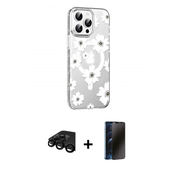 MARSİLYAN™- iPhone 15 Pro Max Kılıf Yörünge Işık Prime - Siyah 3D Antistatik Hayalet Cam Ekran Koruyucu + Raze Metal Kamera Lens - SH