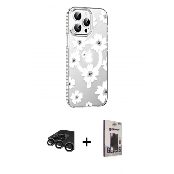 MARSİLYAN™- iPhone 15 Pro Max Kılıf Yörünge Işık Prime - Siyah Bilvis Hayalet Cam Ekran Koruyucu + Raze Metal Kamera Lens - TMGI